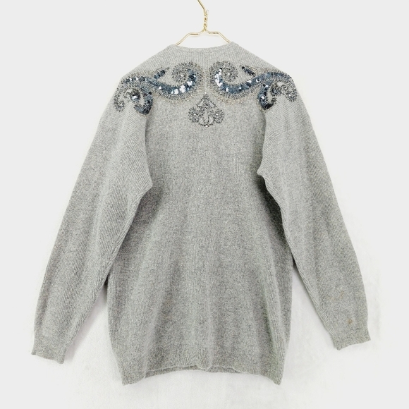 Marisa Christina Gray Wool Knit Sequin Long Sleeve Button Front Cardigan P3803 - Picture 5 of 10